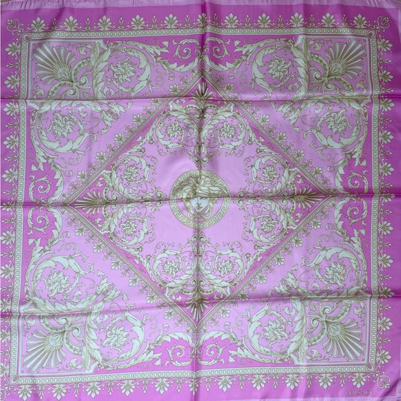 New In Box ✨ VERSACE Pink / Gold Medusa Silk Scarf Twilly - Picture 2 of 16